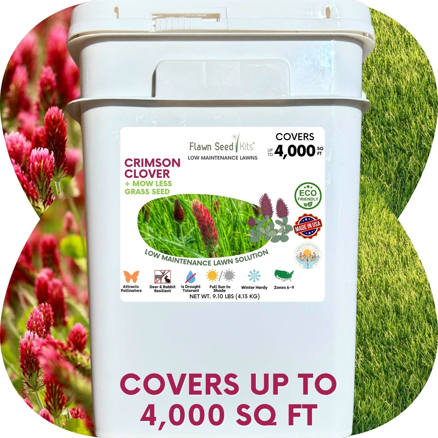 Crimson Clover + Mow Less Grass Seed by Flawn Seed Kits, covers up to 4,000 sq ft on Tampa Home & Garden Store