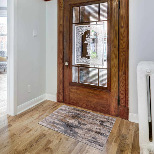 Lurnea Luxe Fringe Rug mustard and navy with a distressed pattern for entryway on Tampa Home & Garden Store