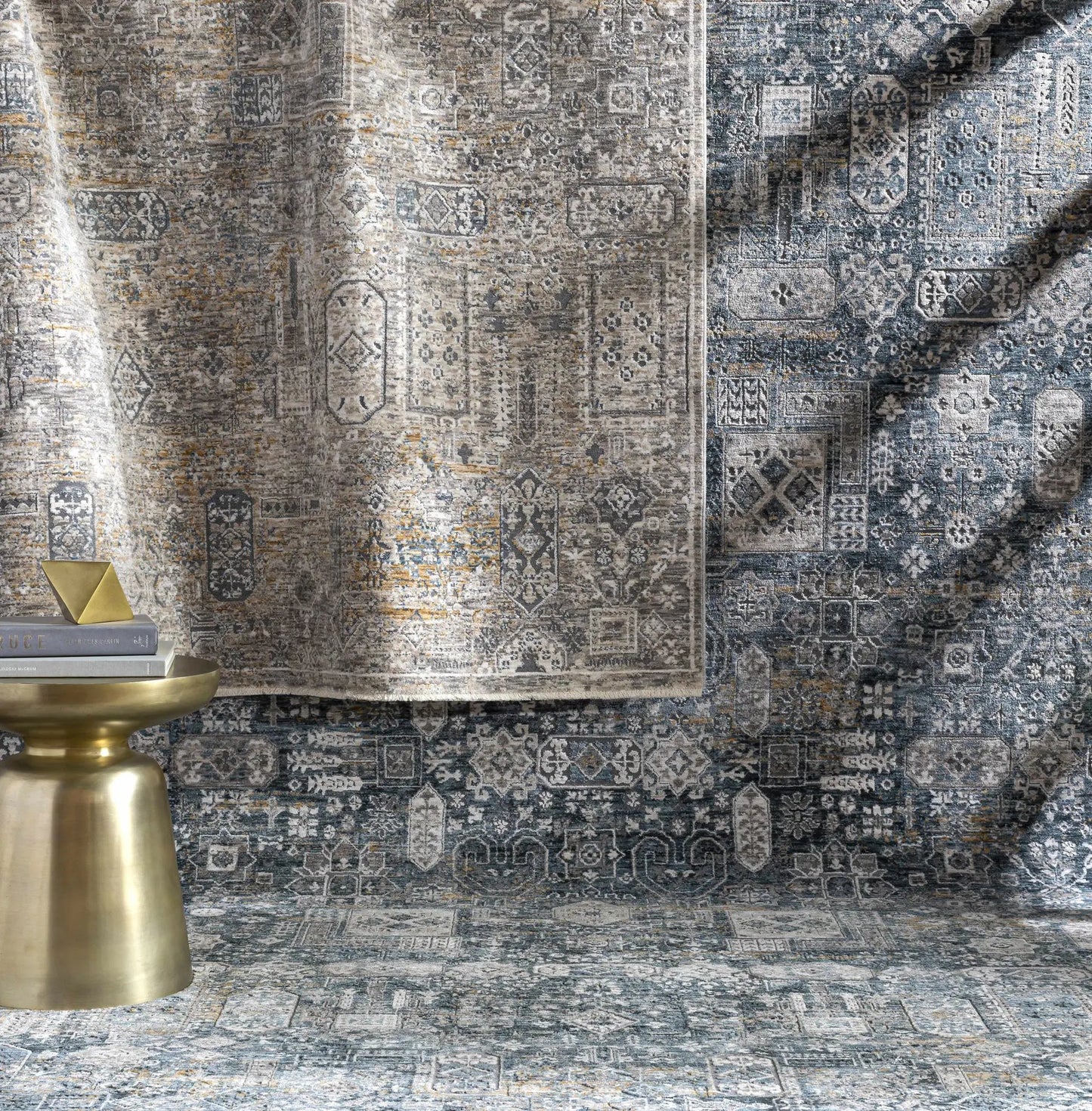 Stacyville Luxe Fringe Rug polyester with vintage patchwork in gray blue beige, Boutique Rugs on Tampa Home & Garden Store