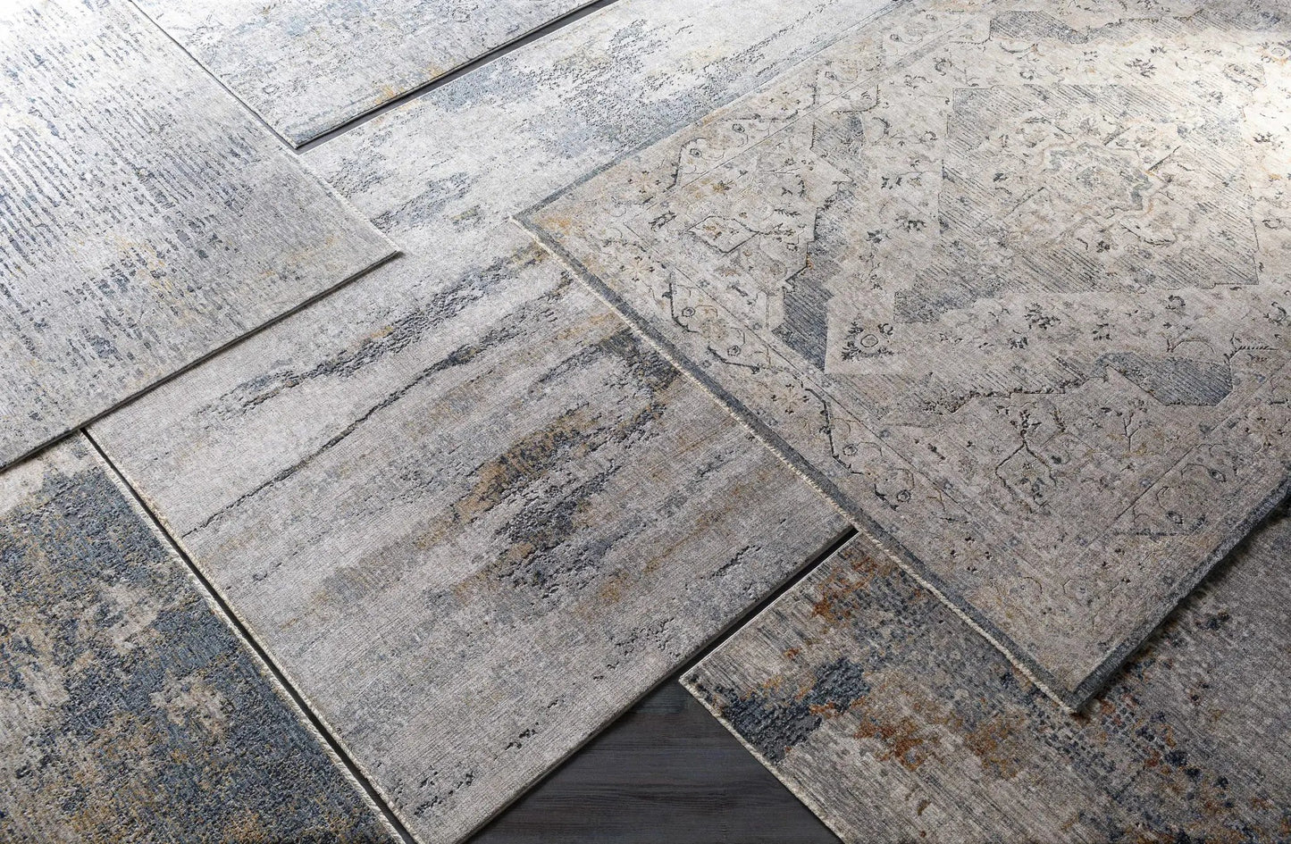 Andreas Luxe Fringe Rug Mustard and Gray by Boutique Rugs with a distressed pattern on Tampa Home & Garden Store
