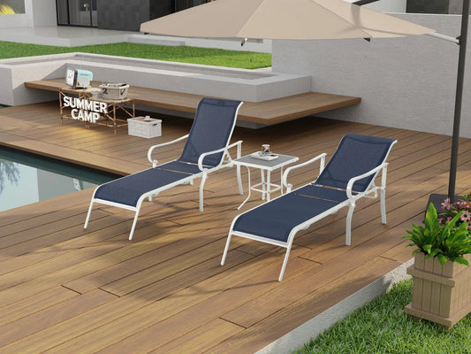 Three blue sunloungers with white frames on a wooden deck beside a beige umbrella on Tampa Home & Garden Store