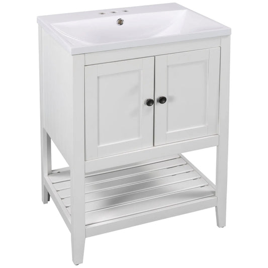 24 inch white vanity with ceramic sink, 2-door, black knobs, three faucet holes on Tampa Home & Garden Store