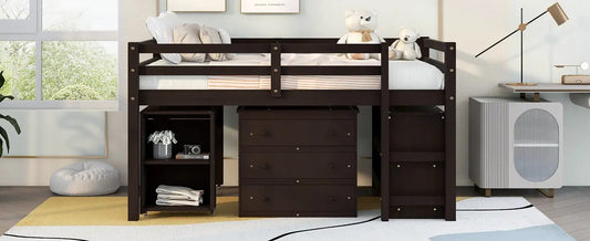 Loft Bed Espresso with built-in cabinet shelves and central 4-drawer chest on Tampa Home & Garden Store