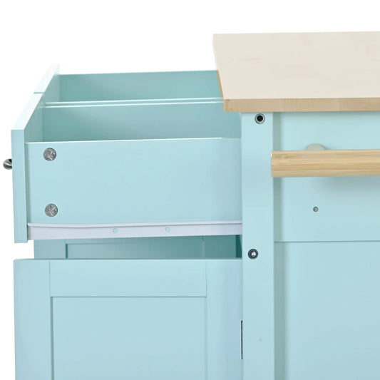 Kitchen Island Cart with light blue finish, natural wood top, four-door cabinet and drawers on Tampa Home & Garden Store