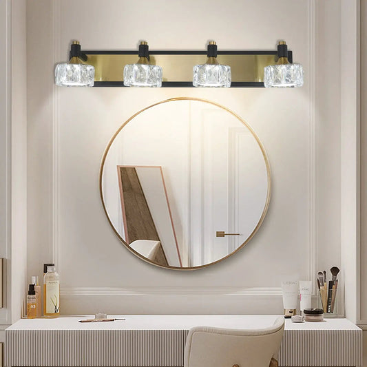 LED 4-light crystal vanity fixture with brass-black finish over mirror on Tampa Home & Garden Store