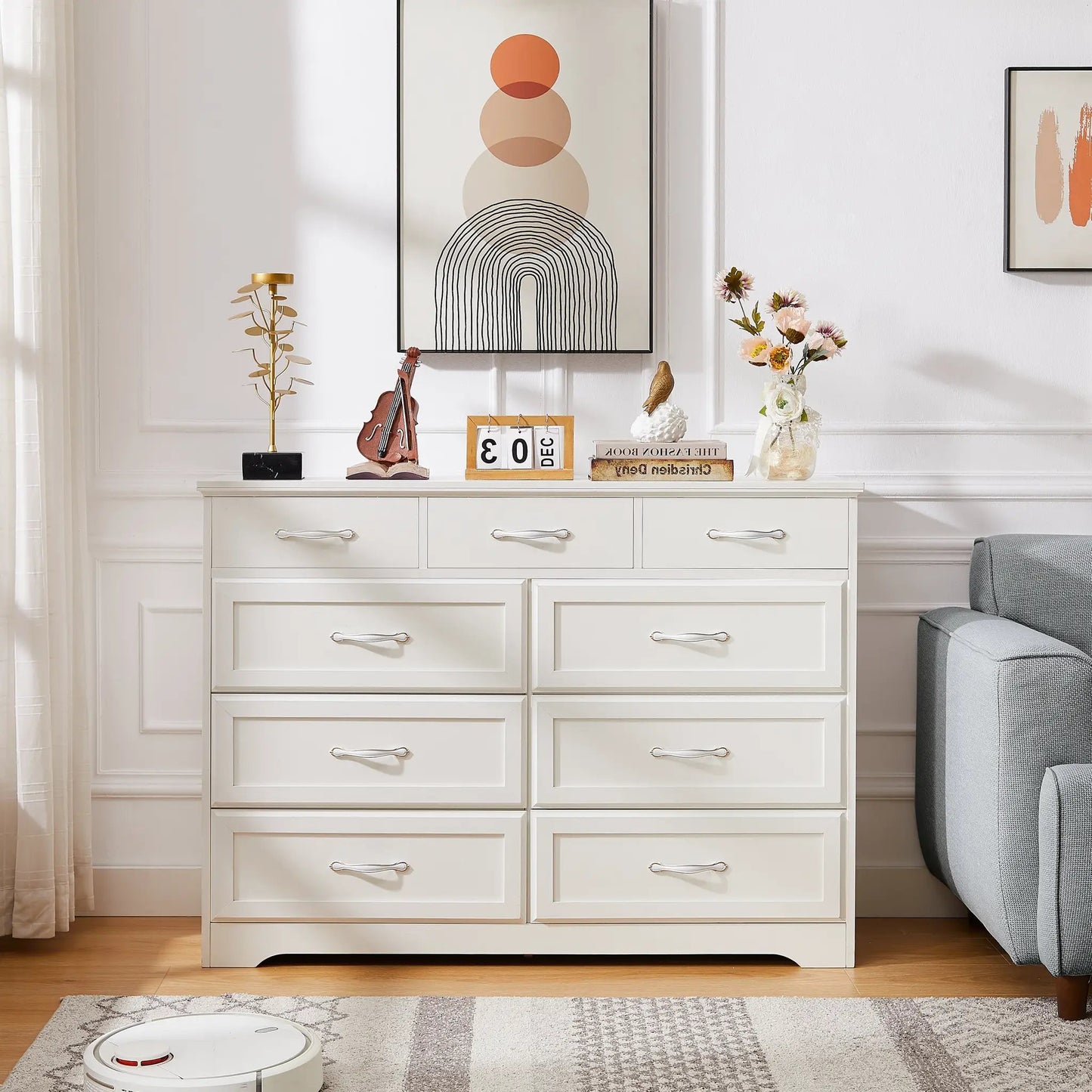 Cómoda de dormitorio de 9 cajones, cómoda larga con tiradores antiguos, cómoda de madera para habitación infantil de 47.56 pulgadas de ancho x 15.75 pulgadas de profundidad x 34.45 pulgadas de alto
