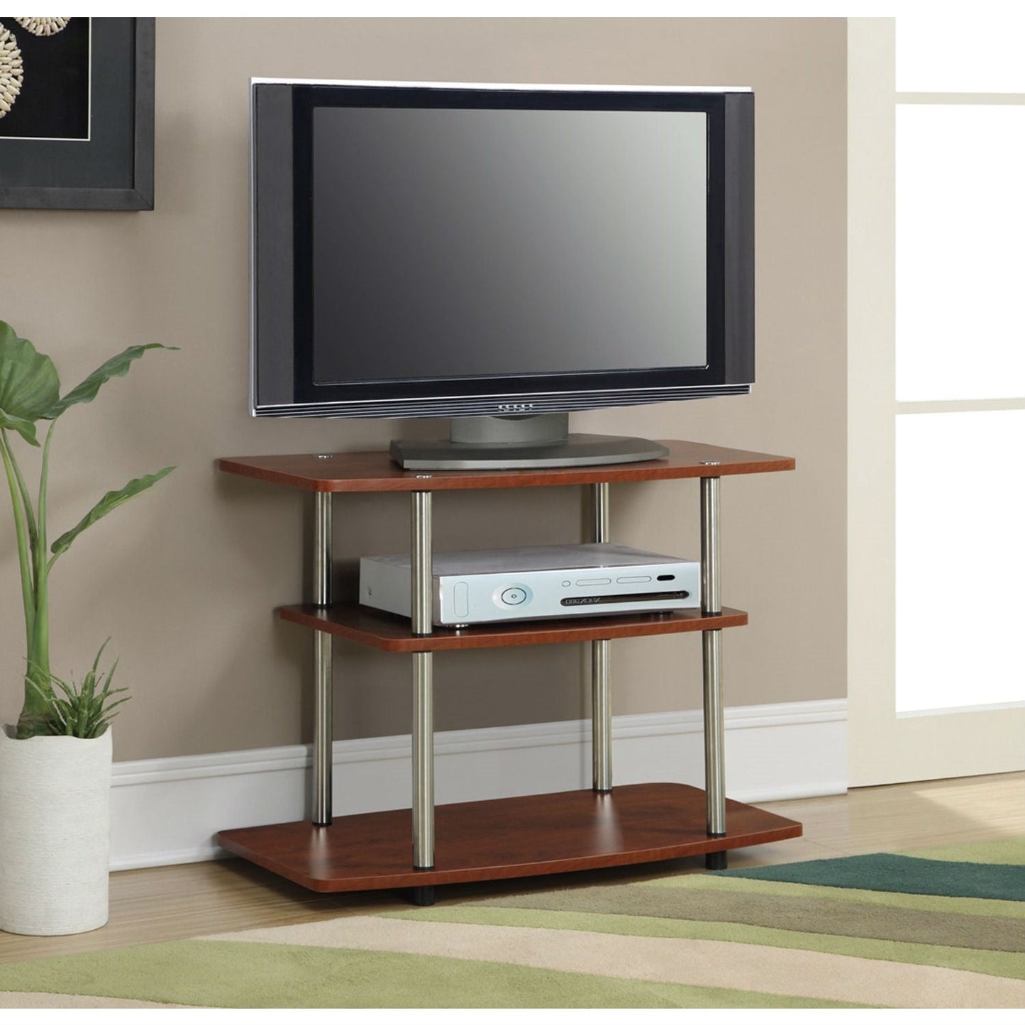 Mueble de TV moderno de madera y metal con acabado en marrón cereza