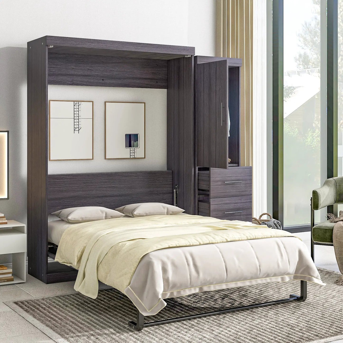 Full size Murphy bed with wardrobe and drawers in dark espresso wood finish on Tampa Home & Garden Store
