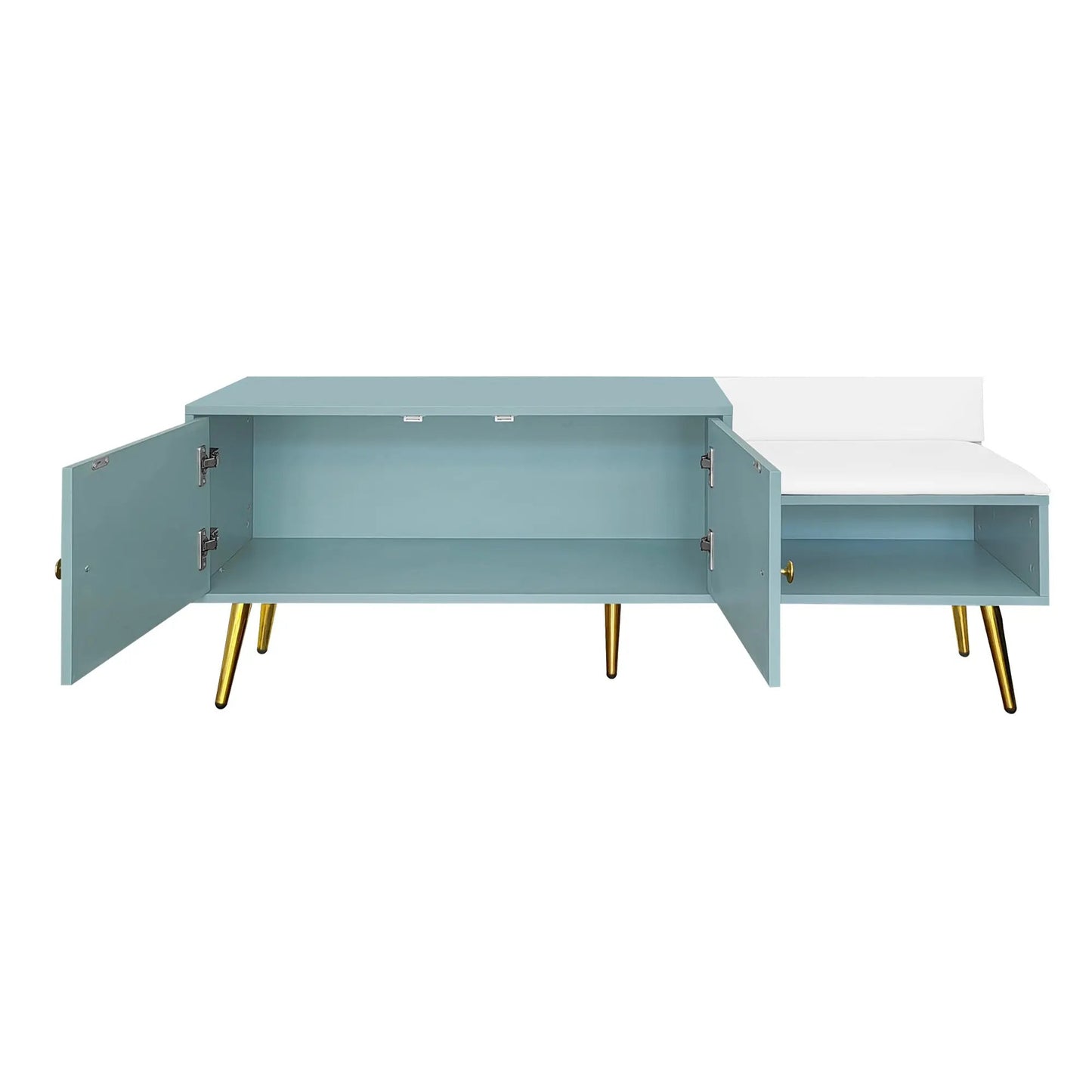 Modern shoe storage bench Tiffany blue with open inner compartments and gold legs on Tampa Home & Garden Store