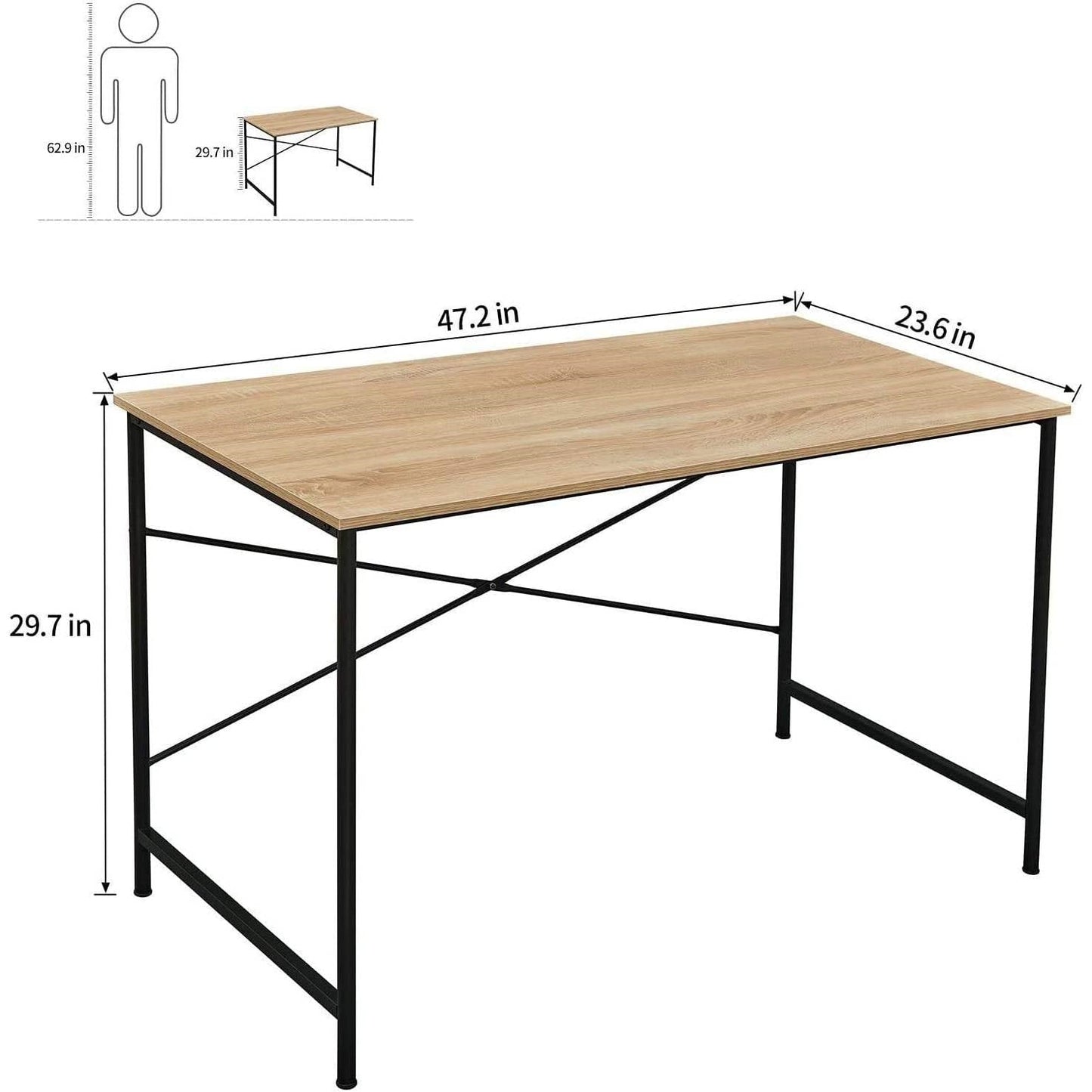 Mesa de escritorio de ordenador moderna para oficina en casa con estructura de metal negro y tablero de madera en roble