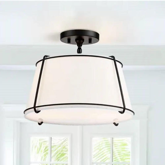 2-Light White Drum Ceiling Light with Black Metal frame 15-inch semi-flush mount HomePacific on Tampa Home & Garden Store