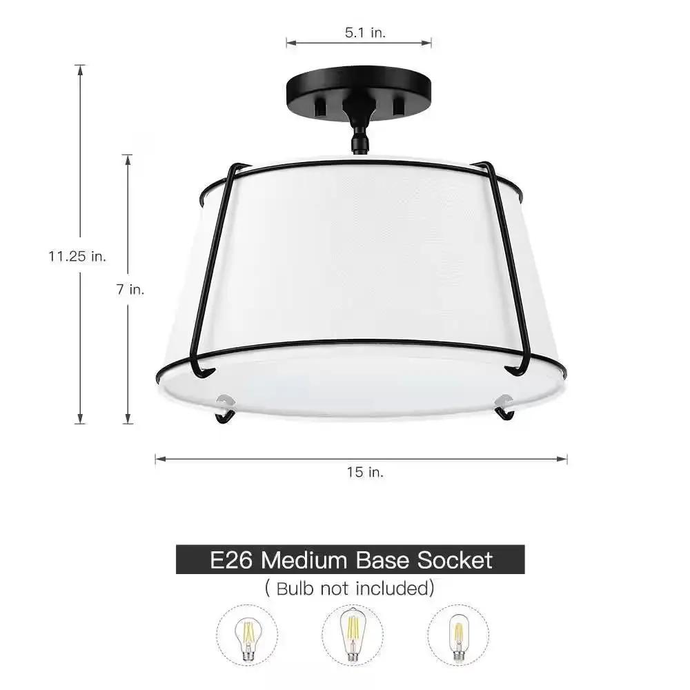 2-Light Round 15-inch White Drum Ceiling Light w/ Black Metal - Semi-Flush Mount - Tampa Home & Garden Store