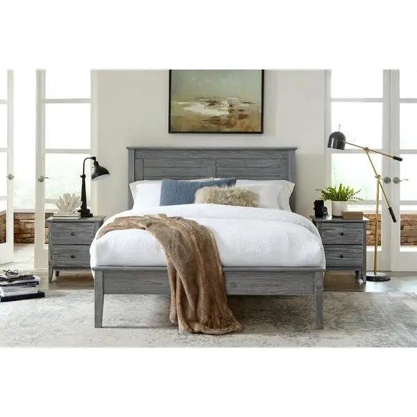 Contemporary grey solid pine platform bed queen with slatted headboard and nightstands on Tampa Home & Garden Store