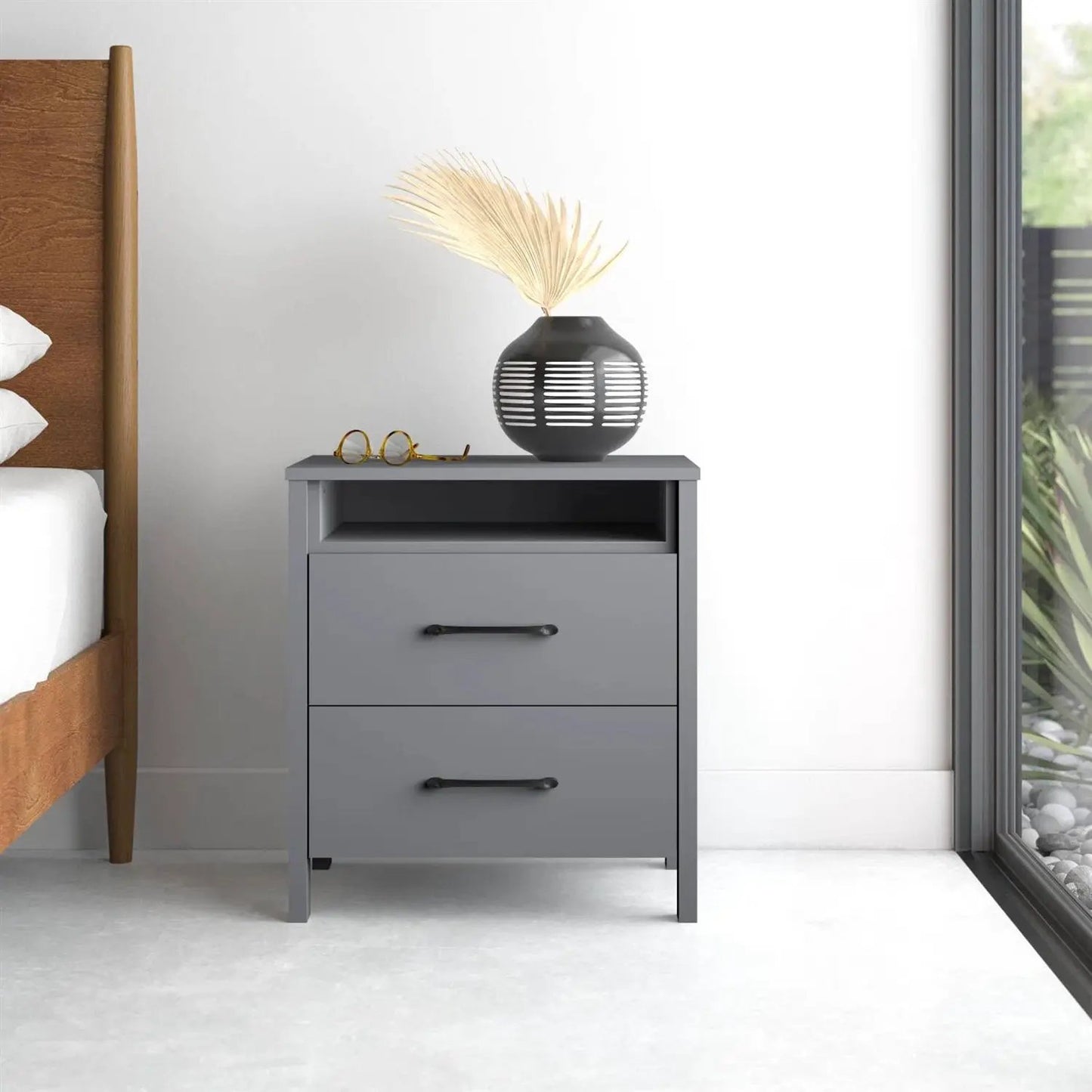 Modern 2-Drawer Bedside Table Nightstand with Open Shelf in Grey Wood Finish - Tampa Home & Garden Store