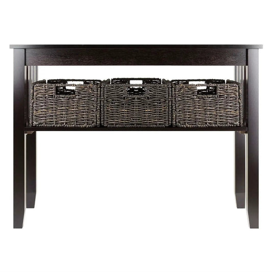 Espresso 2-Tier Hall Console Table with 3 woven storage baskets on Tampa Home & Garden Store