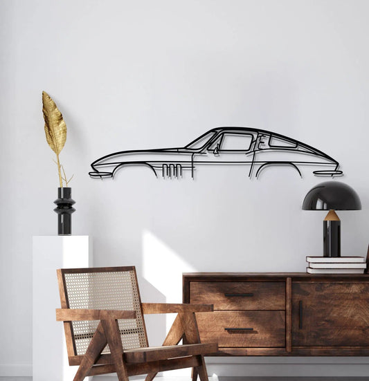 Corvette C2 Metal Car Wall Art by Modello Turbo; black line-drawn classic car on white wall on Tampa Home & Garden Store