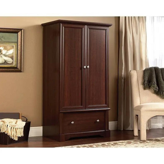 Rustic Cherry Wardrobe Armoire with Garment Rod, dark wood finish, 2-door armoire with drawer on Tampa Home & Garden Store