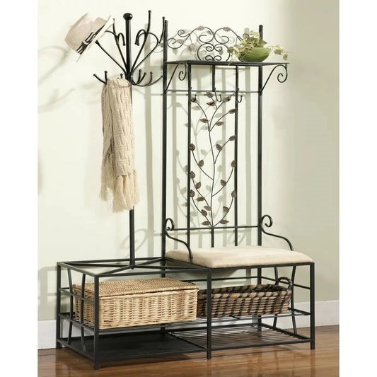 Entryway hall coat rack bench with scrollwork, black iron, cushioned seat, storage HomePacific on Tampa Home & Garden Store