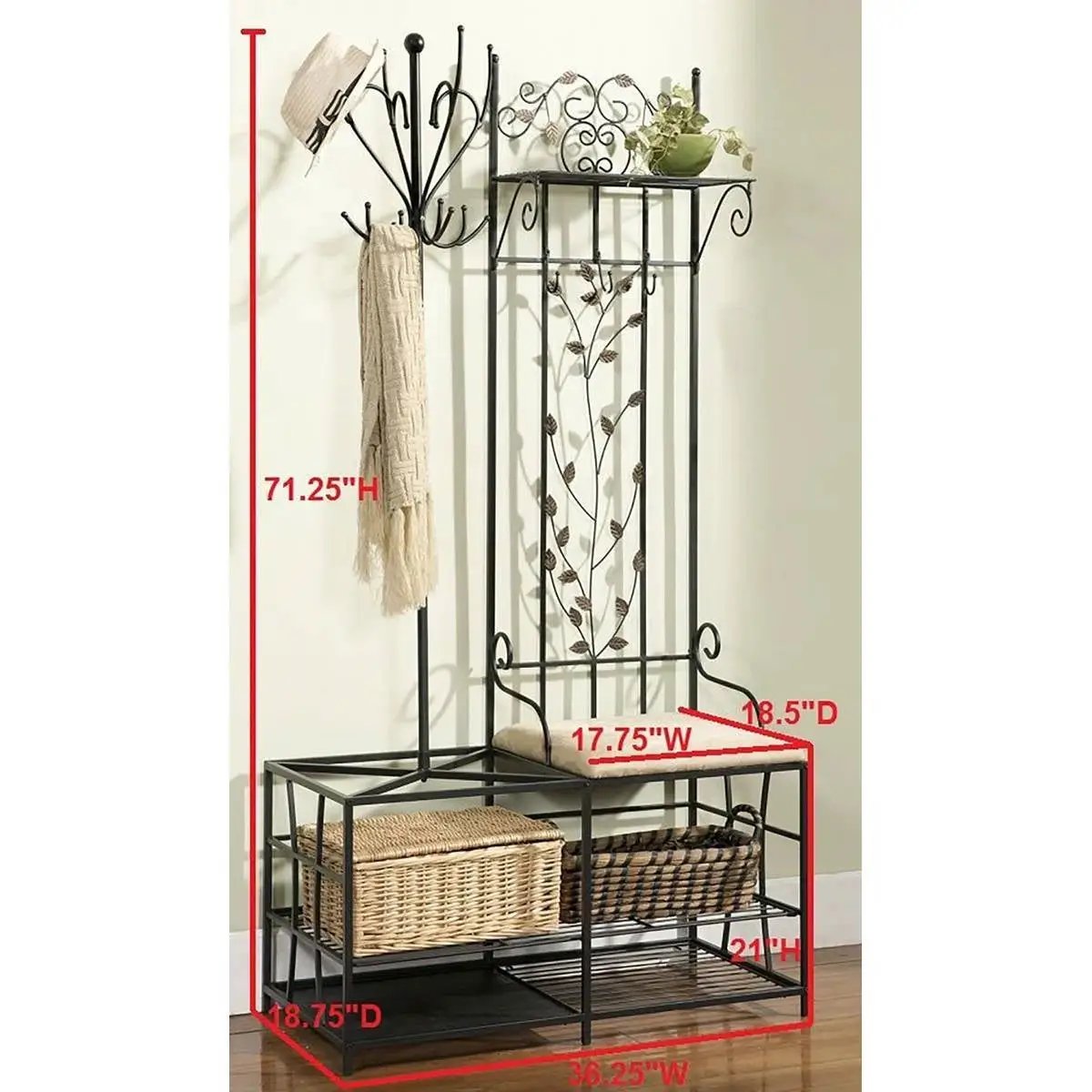 Entryway Hall Tree Coat Rack Storage Bench with Scrolling Leaves Scrollwork - Tampa Home & Garden Store