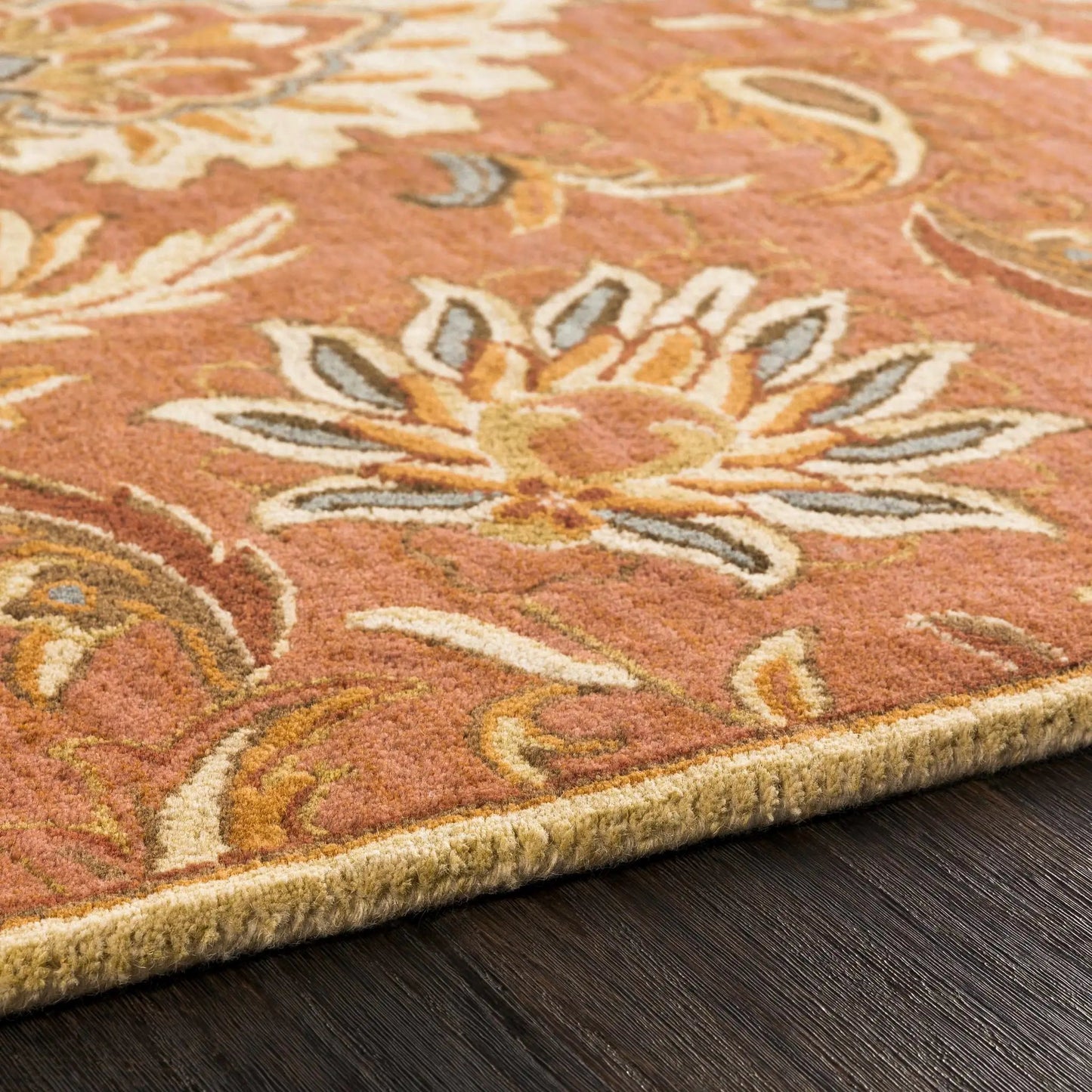 Chesterton Hand Tufted Orange 1112 Area Rug orange floral motif with cream border Boutique Rugs on Tampa Home & Garden Store