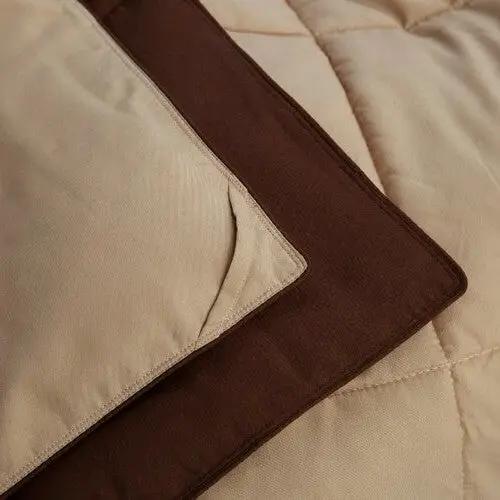 Twin XL Microfiber Reversible 3 Piece Comforter Set beige with brown border and matching shams on Tampa Home & Garden Store
