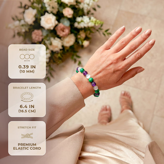 Bracelet Triple Healing by Conscious Items with green, purple and white beads on elastic cord on Tampa Home & Garden Store