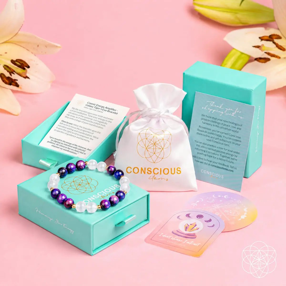 Cosmic Energy Amplifier Galaxy Tiger Eye Bracelet purple and white beads by Conscious Items on Tampa Home & Garden Store