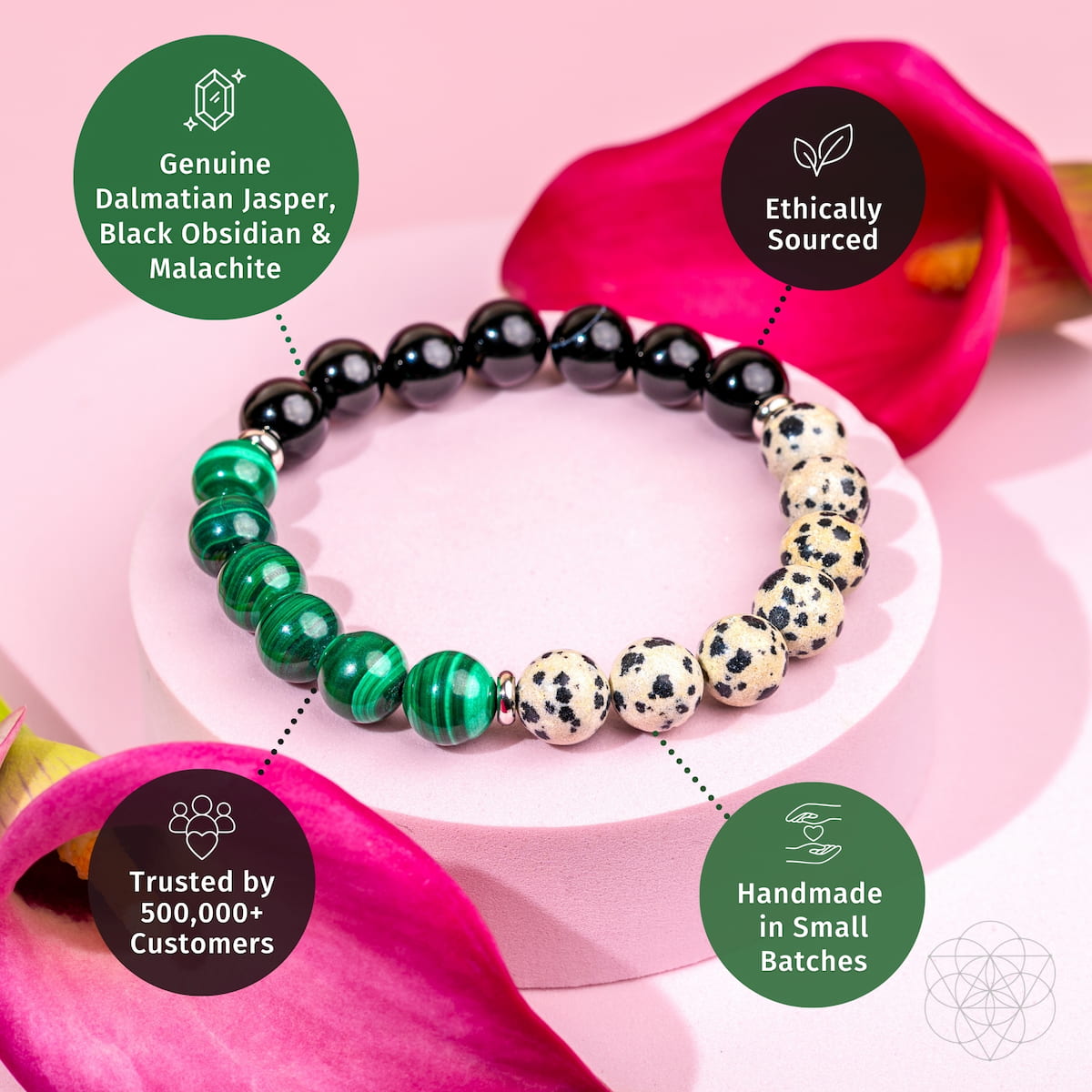 Dalmatian Jasper Healing Bracelet by Conscious Items; malachite green and black obsidian beads on Tampa Home & Garden Store