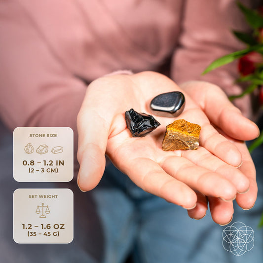 Triple Protection Trio Of Obsidian Stones held in palm; three black obsidian crystals on Tampa Home & Garden Store