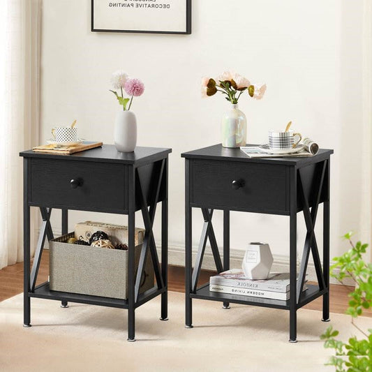 Set of 2 - Rustic 1 Drawer Black Nightstand with X-Shaped Sides - Tampa Home & Garden Store