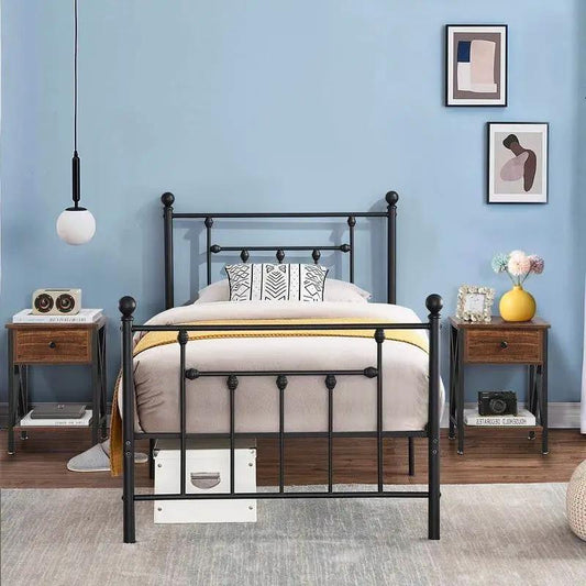 Set of 2 rustic nightstands in brown wood and black metal frames beside a bed in a blue bedroom on Tampa Home & Garden Store