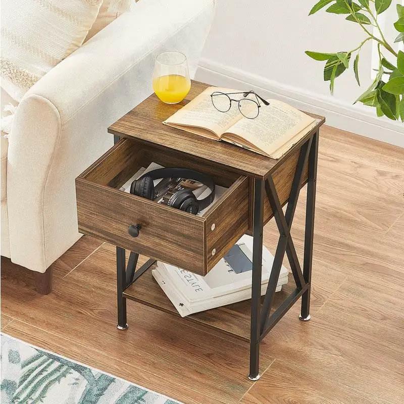 Set of 2 rustic nightstands in brown wood finish with black metal X-frame legs and single drawer on Tampa Home & Garden Store