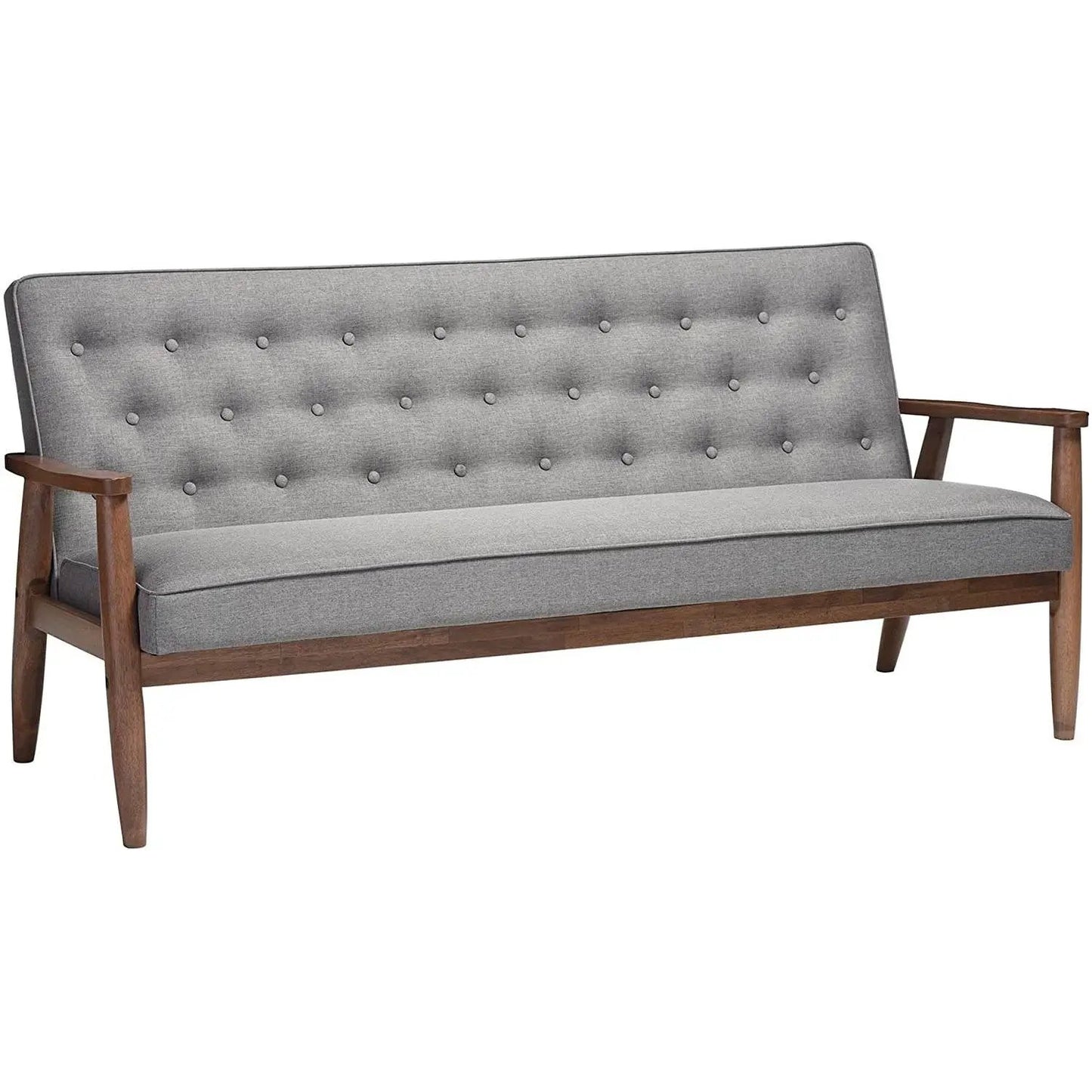 Grey button-tufted sofa with walnut wood frame and tapered legs on Tampa Home & Garden Store