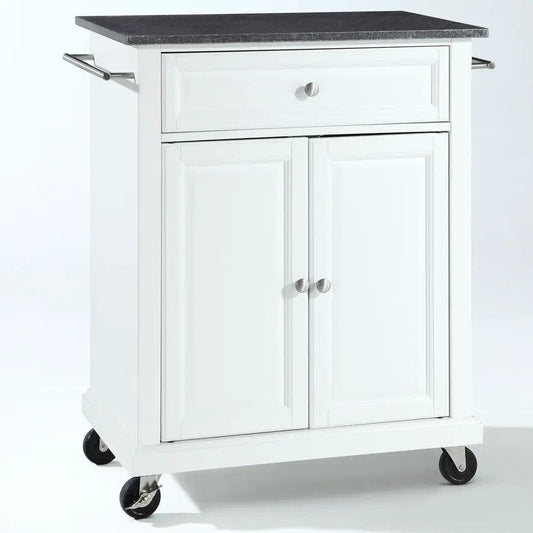 White kitchen cart with granite top, single drawer and two-door cabinet on casters on Tampa Home & Garden Store