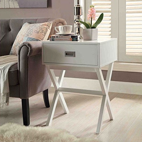 Mesita de noche moderna blanca con 1 cajón y patas en X