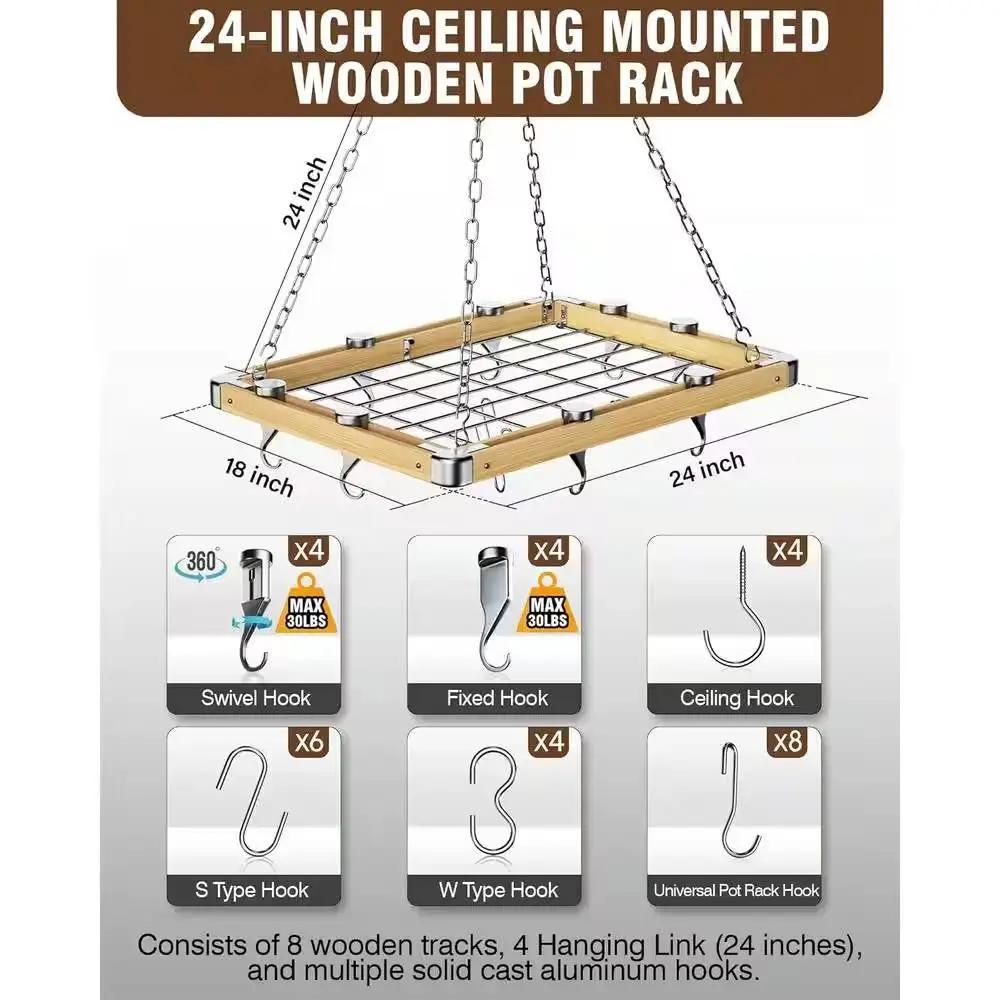 Rectangular 23.5-inch Metal Wood Ceiling Mounted Kitchen Pot Rack - Tampa Home & Garden Store