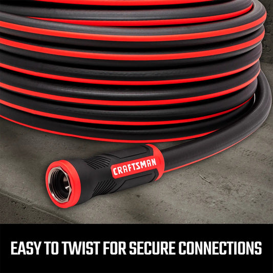 Craftsman Polyfusion garden hose, 50 ft, 5/8 in, black with red stripe, coiled on Tampa Home & Garden Store