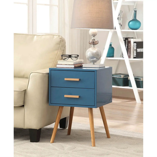 Mid Century Modern blue end table nightstand with two drawers and tapered wood legs on Tampa Home & Garden Store