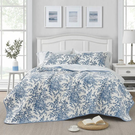 Full Queen Blue Floral Quilt Set on white bed with shams, HomePacific coastal bedding on Tampa Home & Garden Store