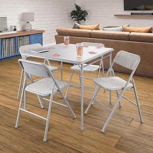 5-Piece square folding dining table and chairs with white table and four grey fabric chairs on Tampa Home & Garden Store