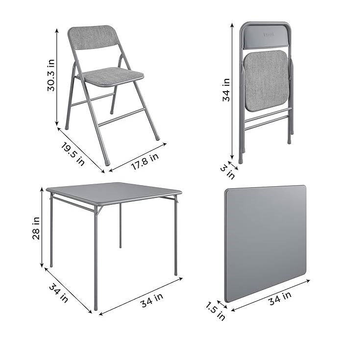 5-Piece Square Folding Dining Table and 4 Chairs Set in Grey
