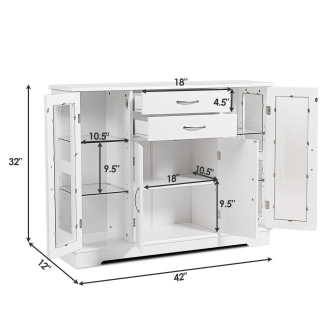 Aparador de madera blanca con puertas de cristal