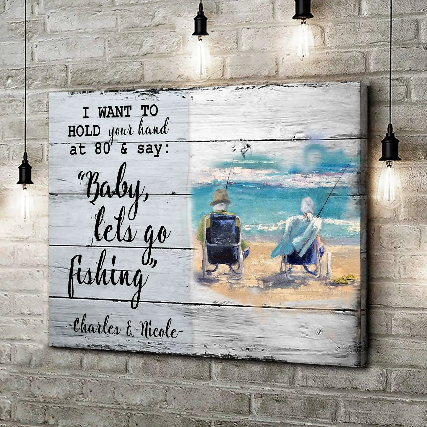 Canvas by Tailored Canvases Hold Your Hand at 80 Sign with wood panel and seaside couple on Tampa Home & Garden Store