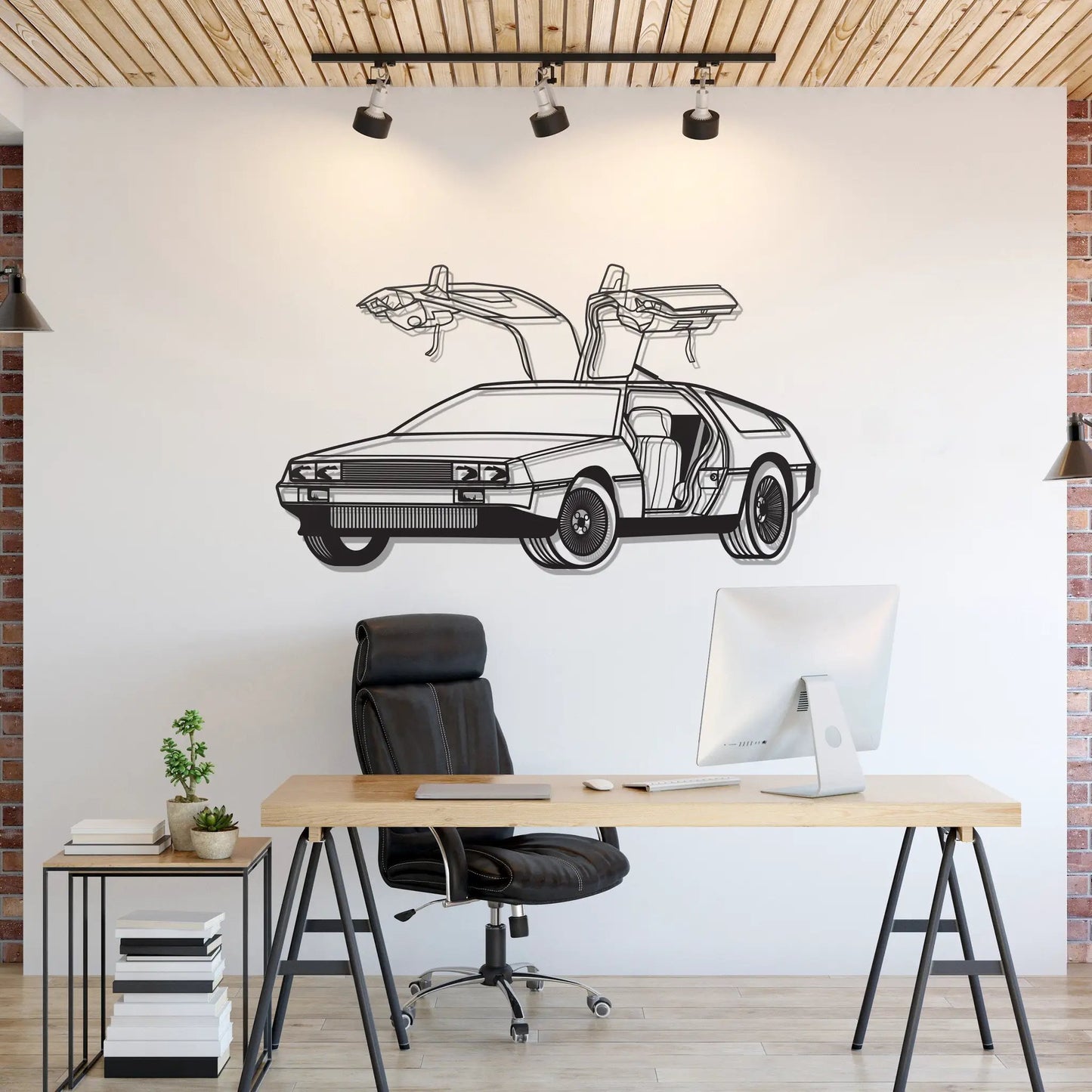 Delorean Perspective Metal Art by Modello Turbo, line-drawn Delorean with gull-wing doors on Tampa Home & Garden Store