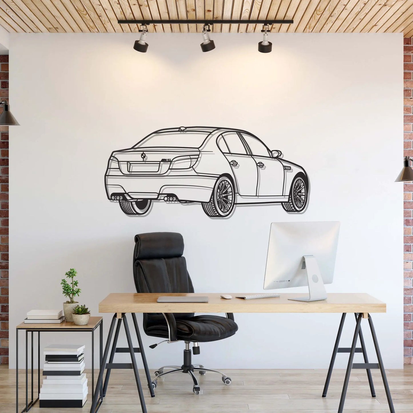 E60 Back View Metal Car Wall Art by Modello Turbo black line drawing on light backdrop on Tampa Home & Garden Store