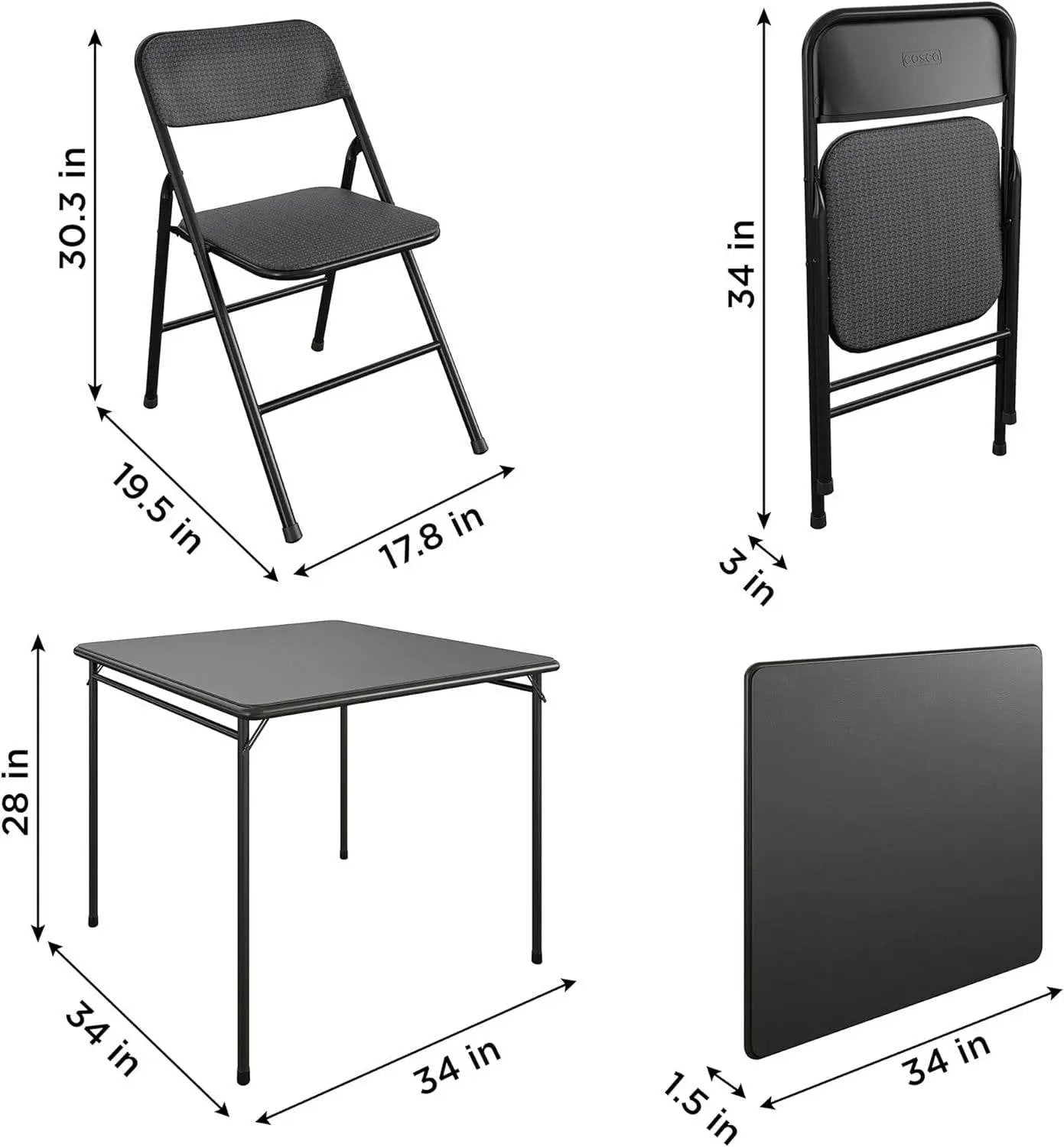 Black 5-Piece Square Folding Dining Table with 4 Chairs Guest Set Card Table - Tampa Home & Garden Store