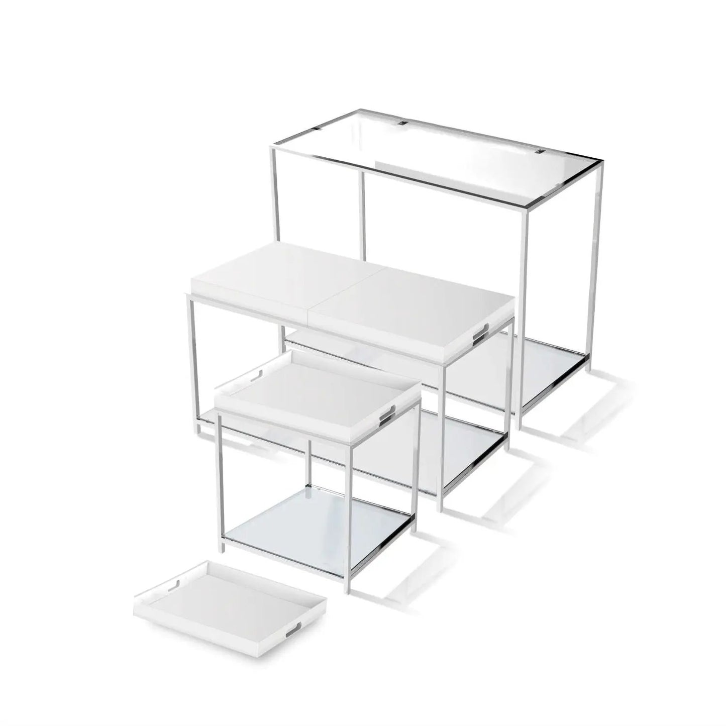 Modern Chrome Metal Coffee Table with 2 White Removable Trays - Tampa Home & Garden Store