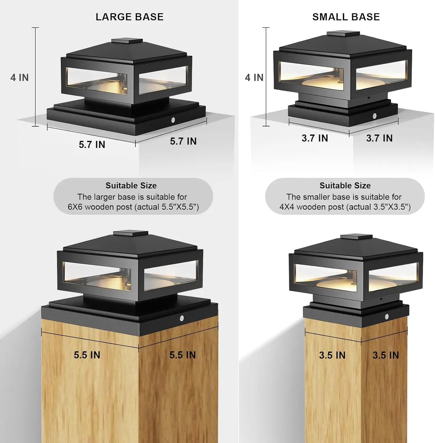 Modern 3000K LED Post Cap Light for 4x4/6x6 posts, aluminum, 12V low voltage, two base sizes on Tampa Home & Garden Store