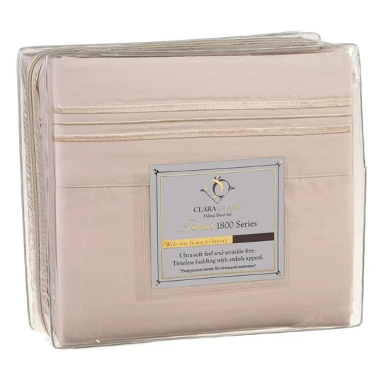 King size beige cream microfiber sheet set with Clara Clark label in plastic packaging on Tampa Home & Garden Store