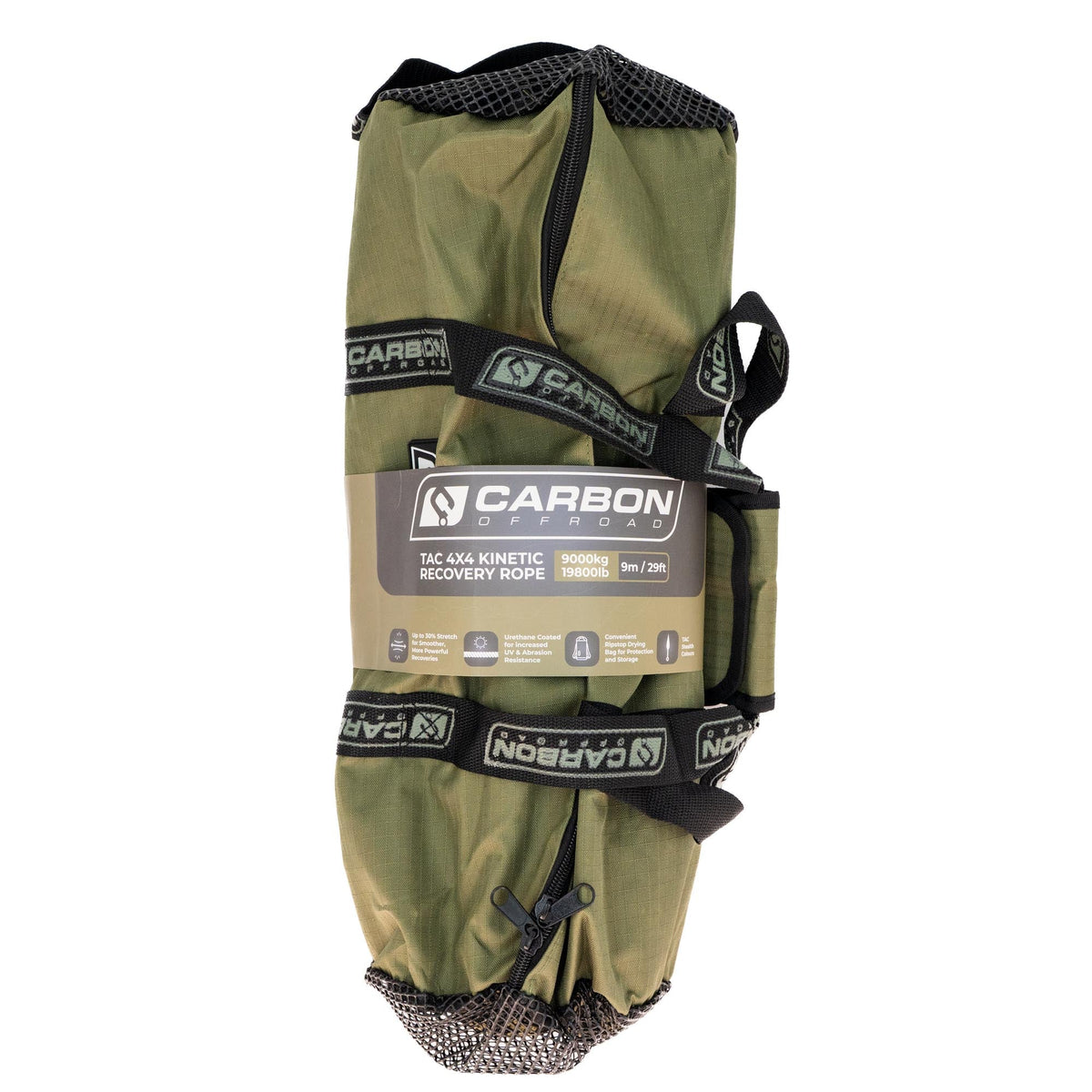 TAC 4x4 Vehicle Kinetic Recovery Rope in olive green pouch with Carbon Offroad straps on Tampa Home & Garden Store